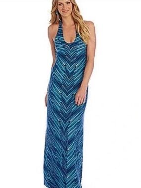 Tommy Bahama Benbow Lines Halter Maxi Dress - Blue & Teal - Size Large